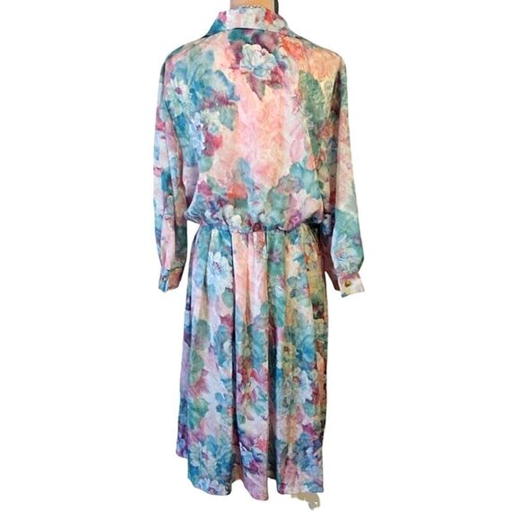 VTG 80s Colorful Floral Satin Long Sleeve Midi Dress Size 16P *fits like Medium - Picture 10 of 13